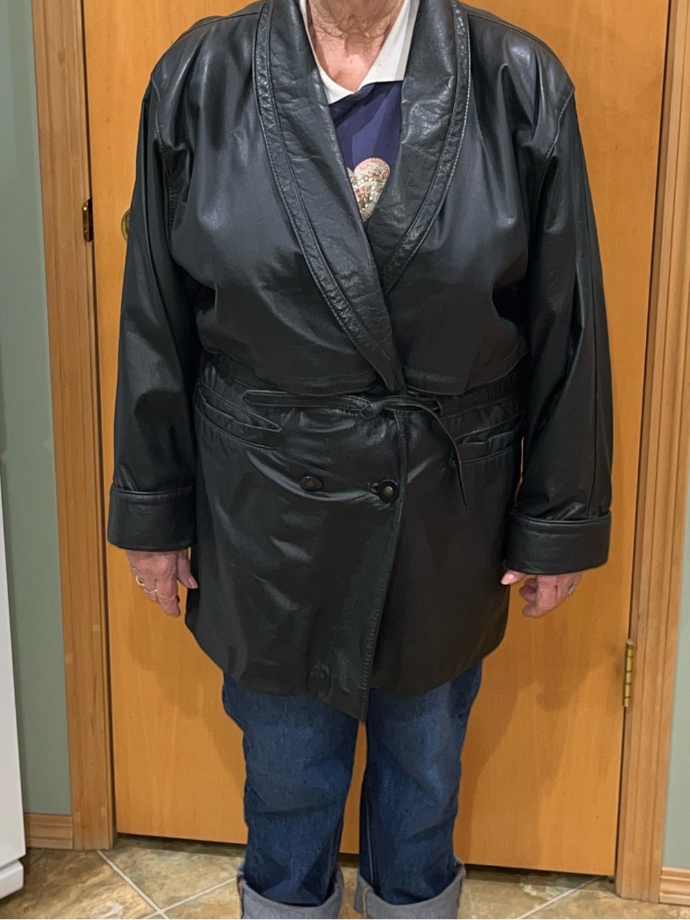 Vintage The Leather Ranch Black Leather Shawl Collar Trench Coat